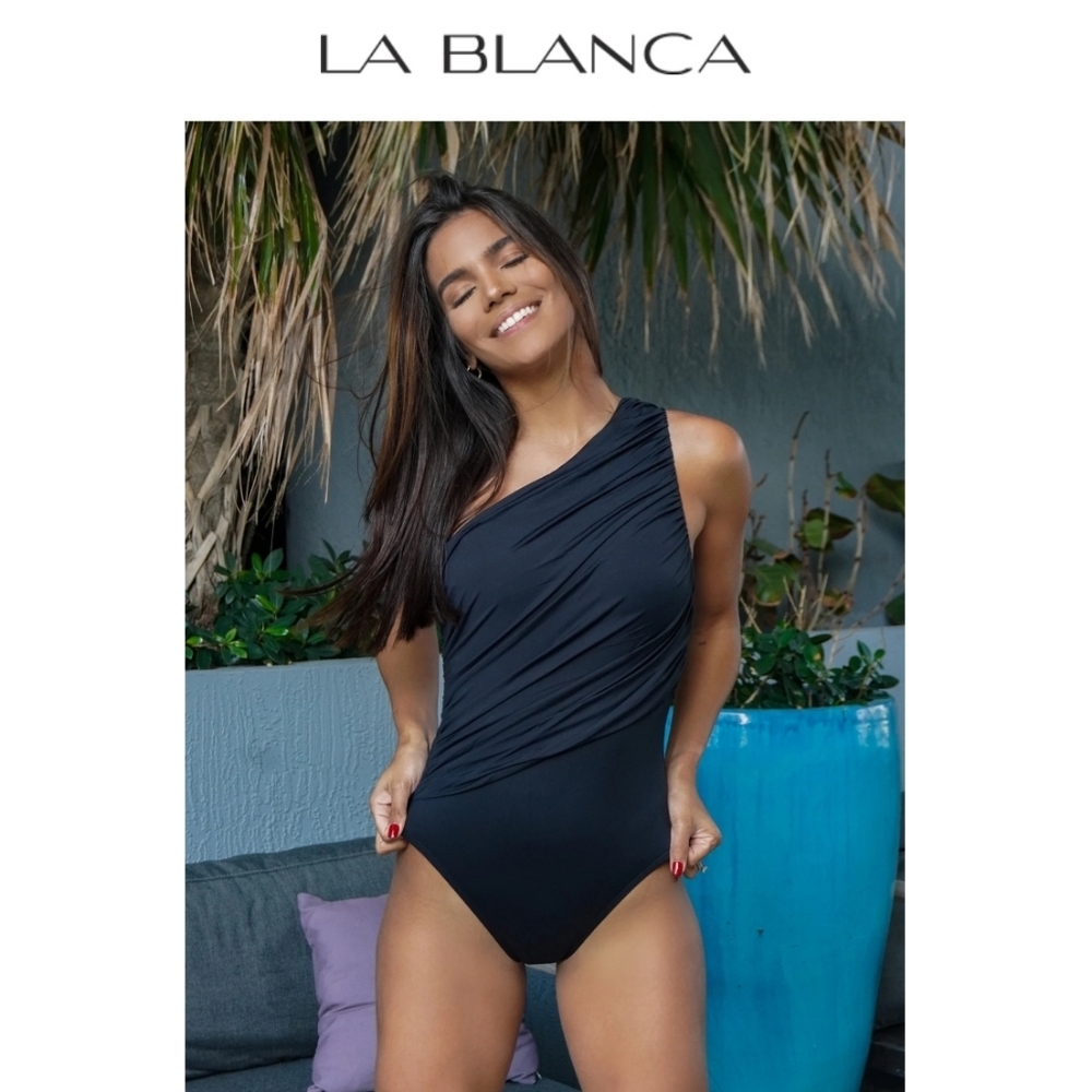 La Blanca Island Goddess Shirred One Shoulder One Piece - Black